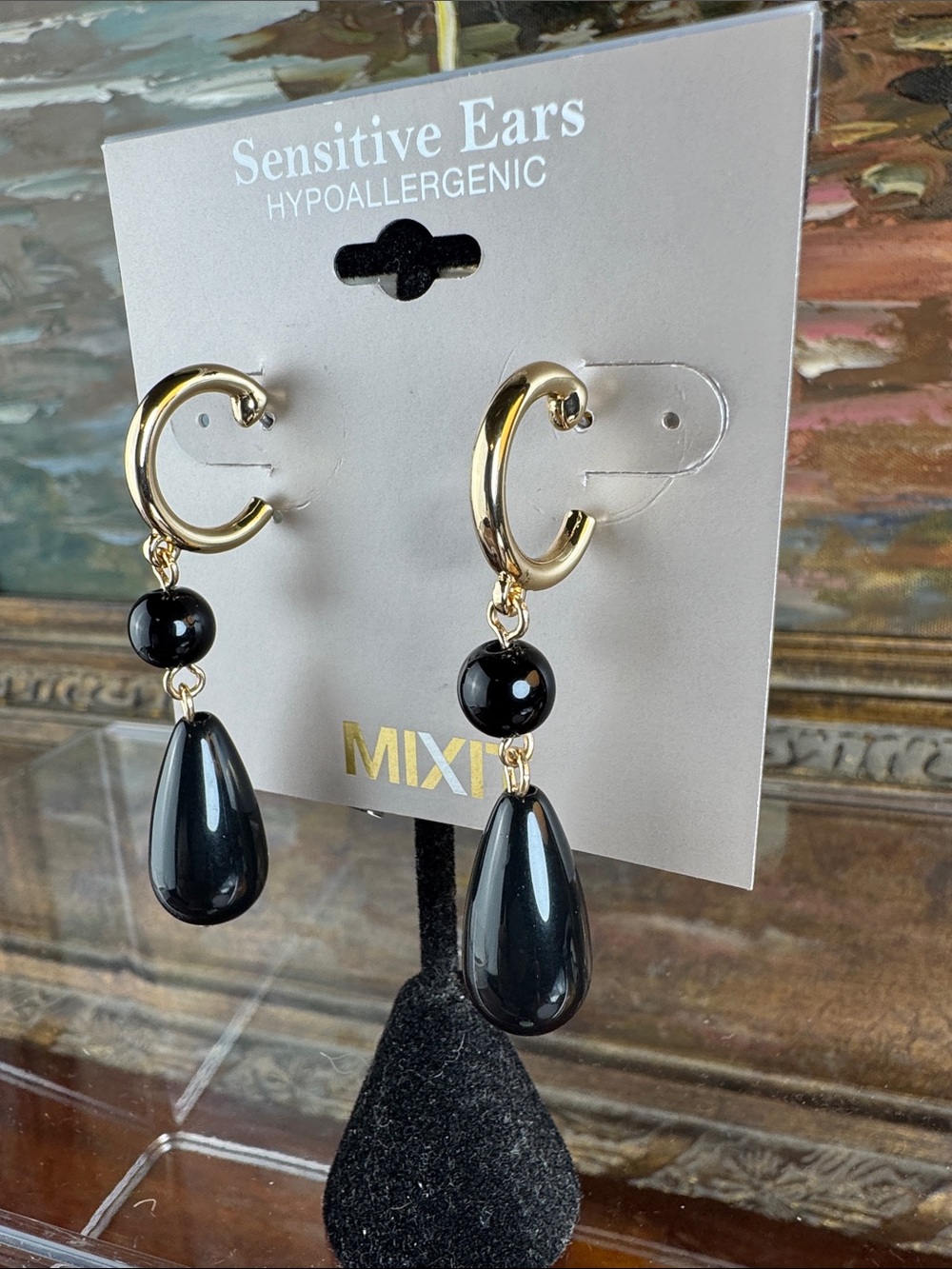 0589-Mixit Gold Hoop Earrings with Black Bead and Teardrop Pendants